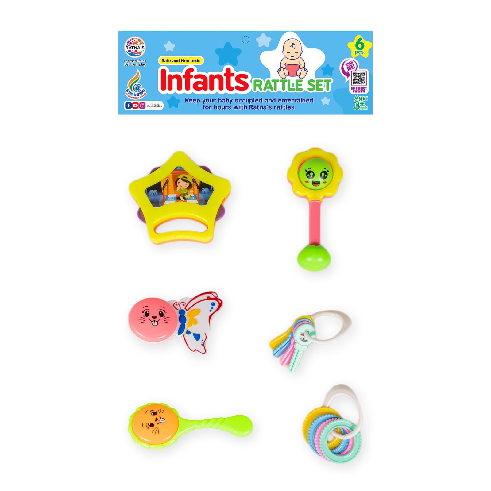 Ratnas Infants Rattle Set 6pcs Attractive Rattles & teethers for New Born Babies Colourful Plastic Non Toxic Toys for 3 + Month Old Baby (B0CVQ79513) Amazon Price History, Amazon Price Tracker