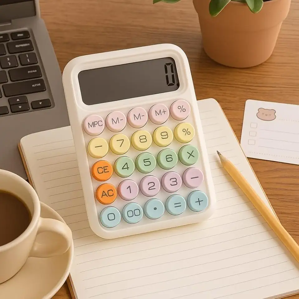 Calculadora Digital Colorida com Visor LCD, Botões Mêcanico, Digitos Grande, Desligamento Automático, Tela Inclinada 15°, Base Antiderrapante (Branco)