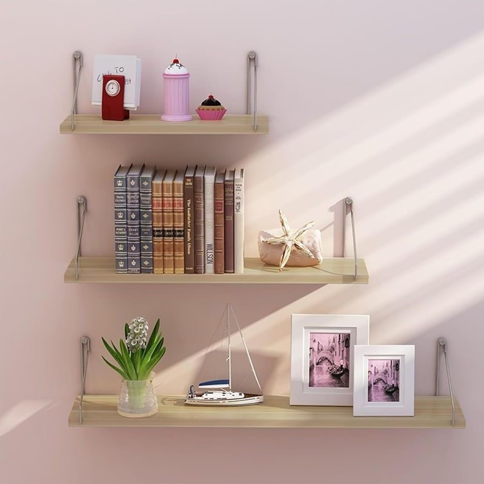 Floating Shelves, Wood Wall Storage Shelves, Wall Mounted Shelf Organizer Set of 3 for Living Room, Bedroom, Kitchen, Bathroom, Office