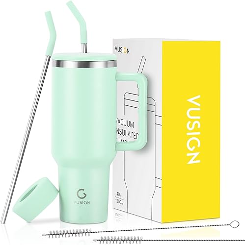 VUSIGN Vaso de 40 onzas con asa y tapa con pajilla, vaso de acero inoxidable aislado al vacío, taza de viaje para agua, té helado, café, batido,
