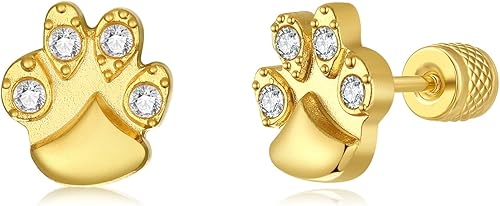 Seraphina 14K Gold Plated Dog Cat Paw Print Screw Flat Back Stud Earrings for Wo
