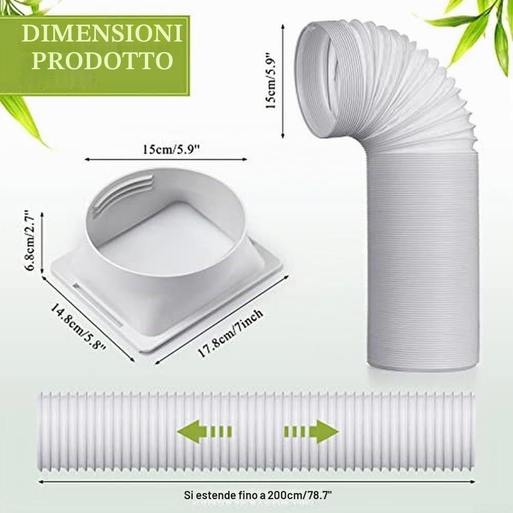 Tubo di scarico per condizionatore d'aria, connettore quadrato, tubo flessibile in polipropilene ABS regolabile da 15 cm per uso in camera da letto, soggiorno e ufficio (giunto + tubo da 200 cm)