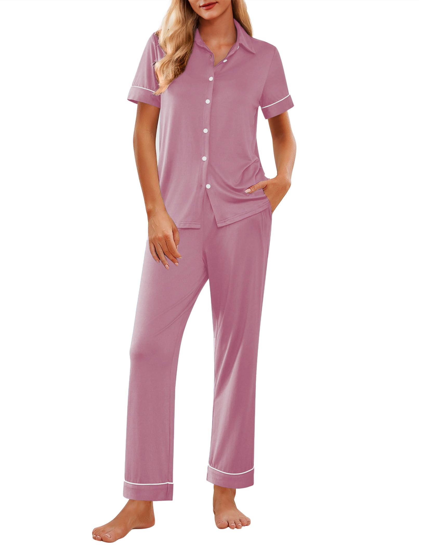 Ekouaer Womens Pajama Sets 2 Piece Button Down Short Sleeve Pjs Set Soft Lounge Set with Long Pants S-XXL