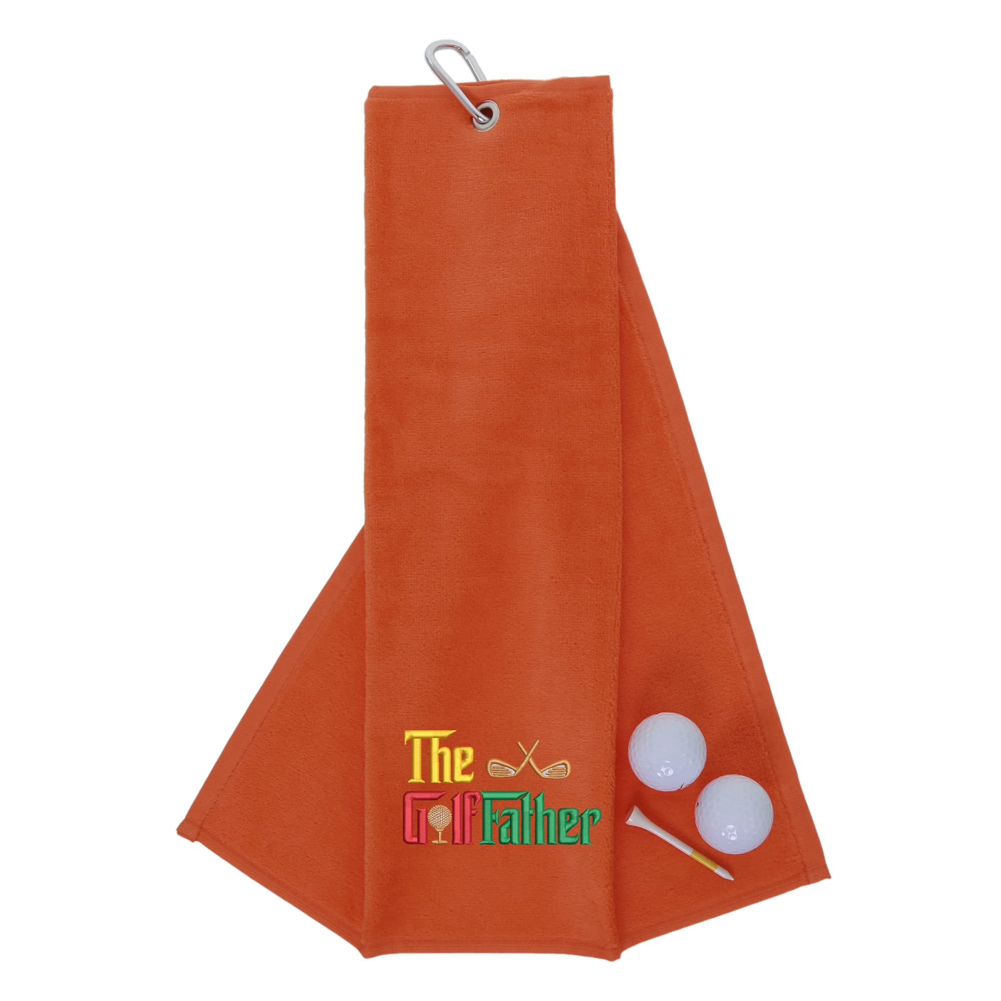 aztex Tri-Fold Golf Towel with Novelty 'The Golffather' Embroidery, Metal Carabiner Clip, Cotton Velour, 590gsm, Orange