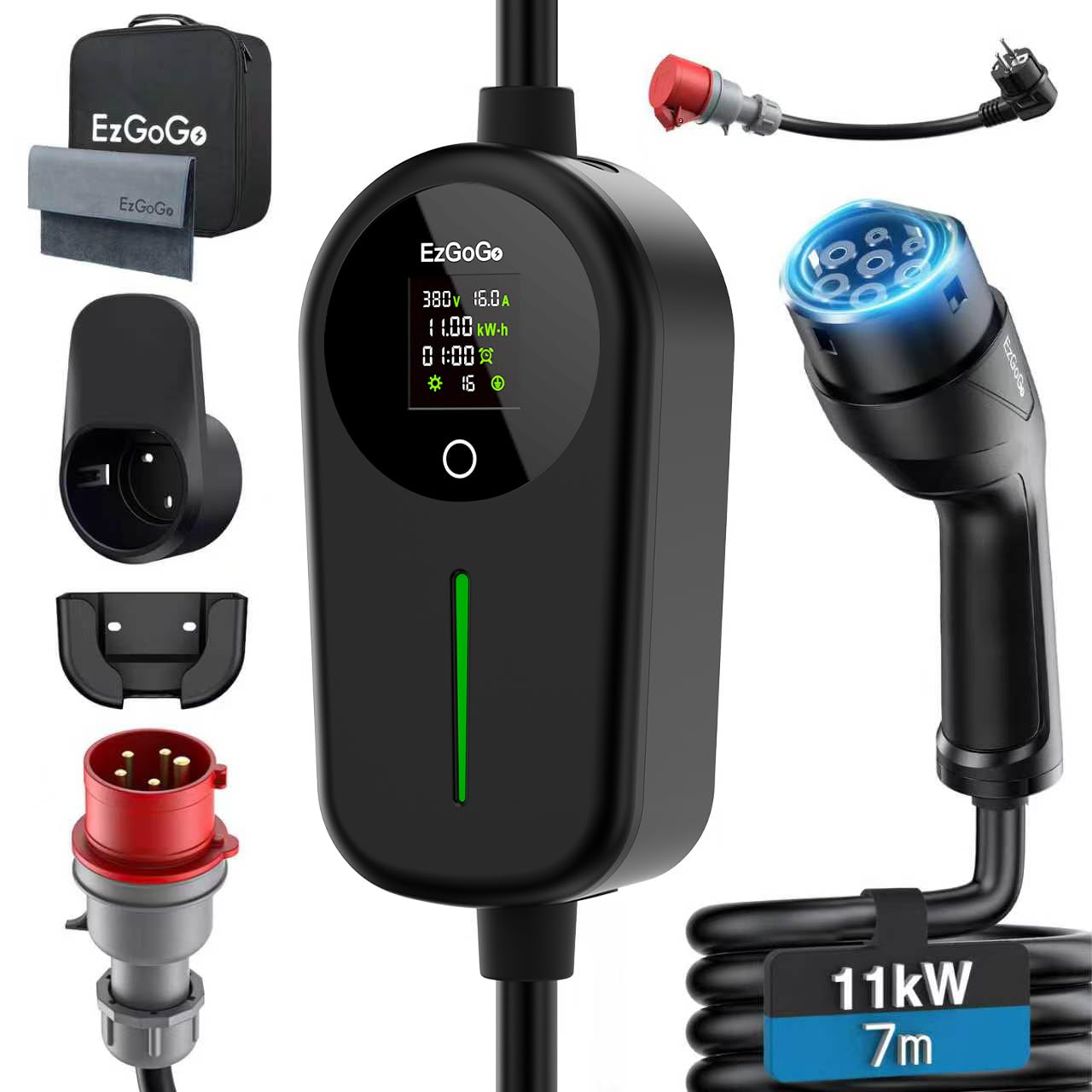 EzGoGo Mobile Wallbox 11kW Ladegerät Typ 2 (3-phasig) mit 7m Ladekabel CEE 16A auf Typ 2 inkl. Alltags-Adapter-Set | EV Ladestation [6/8/10/13/16A] | Hochwertiger IP65 Schutz | Für EVs & PHEVs
