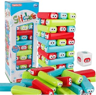 wonuu Timber Tower Stacking Game - 31 Colorful Cartoon Animal Wood Blocks, Educational Family Building Toy with Cards & Dice