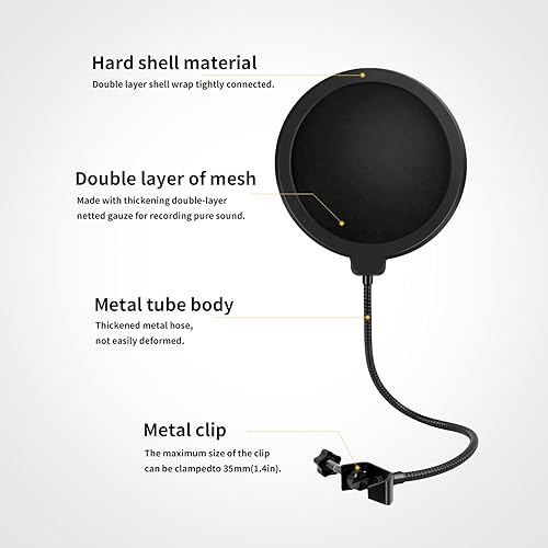 Miniatura 4 de Filtro pop profesional, filtro de micrófono Liyirui de 6 pulgadas, filtro pop de estudio de doble capa con abrazadera en C, brazo estabilizador de