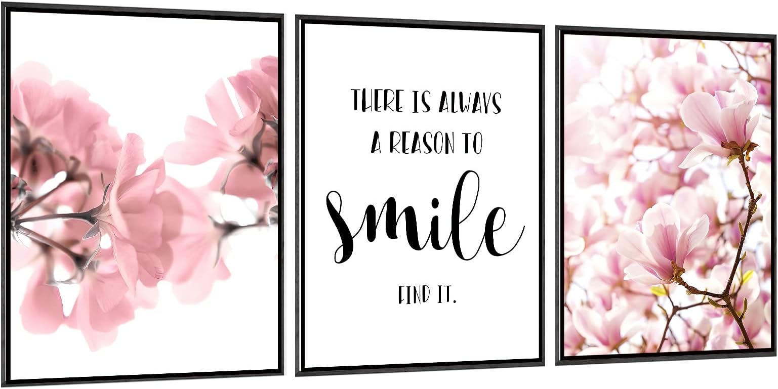 Framed Scandinavian Flower Canvas Poster Pink Magnolia Floral Print Painting Nordic Smile Quote Art Wall Pictures for Living Room Office Bedroom Home Decor -3 Pack (12 X 16Inch)