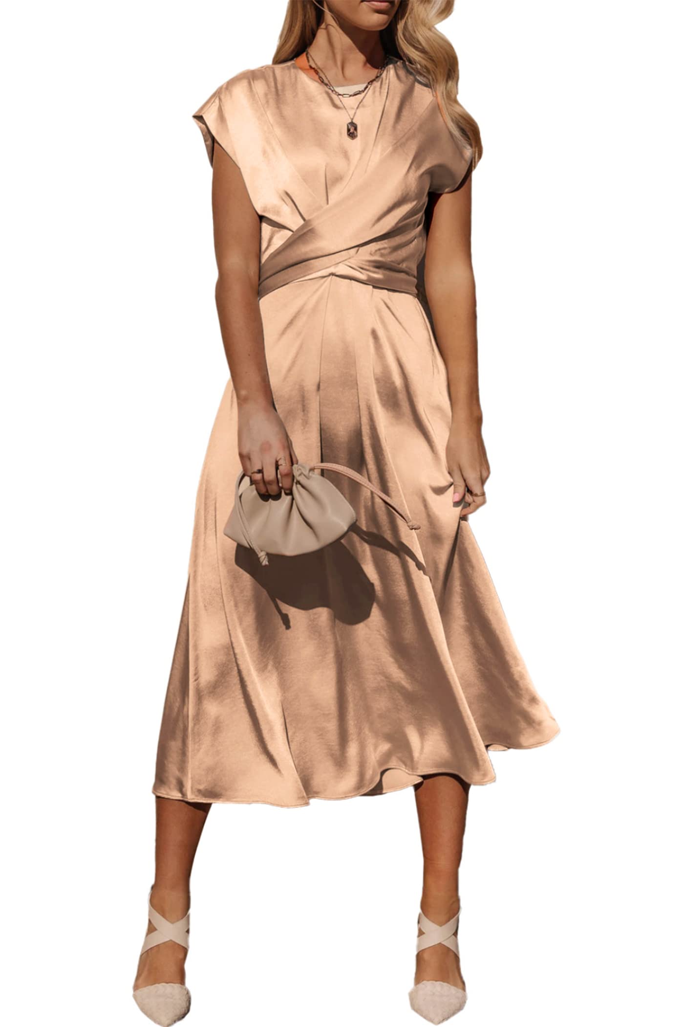 PRETTYGARDEN Women's 2023 Summer Satin Midi Dress Cap Sleeve Tie Waist Elegant A-Line Flowy Dresses (Brown,Medium)