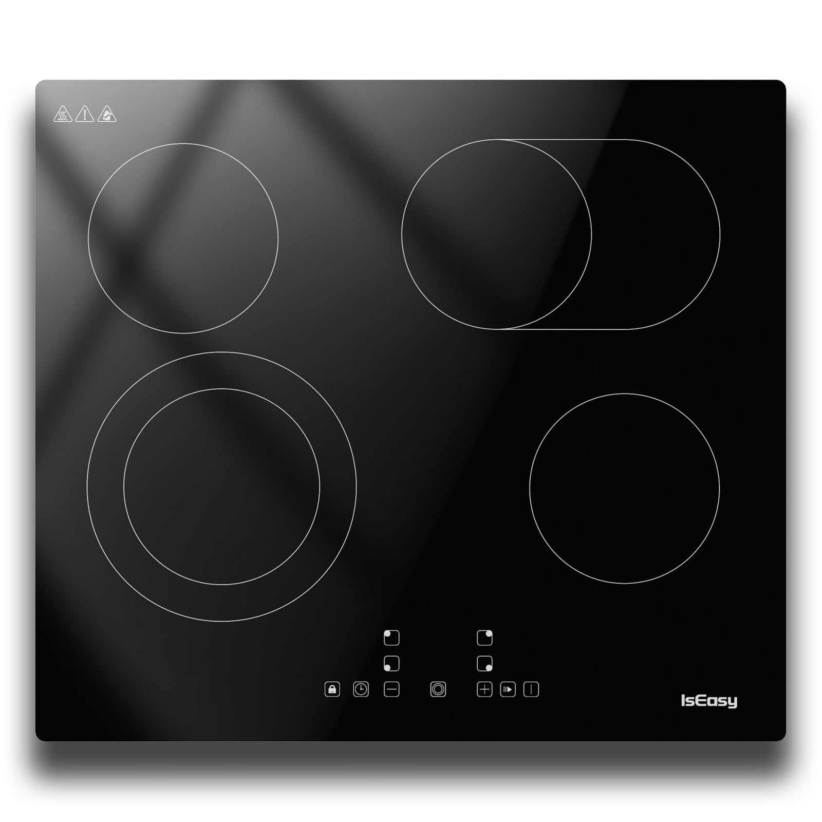 IsEasy Glaskeramik-Kochfeld 60 cm (6600W) – Autarkes Elektrokochfeld 4 Zonen mit Touch-Steuerung Mit Flexibler Oval- & Doppelringzone | 9 Leistungsstufen