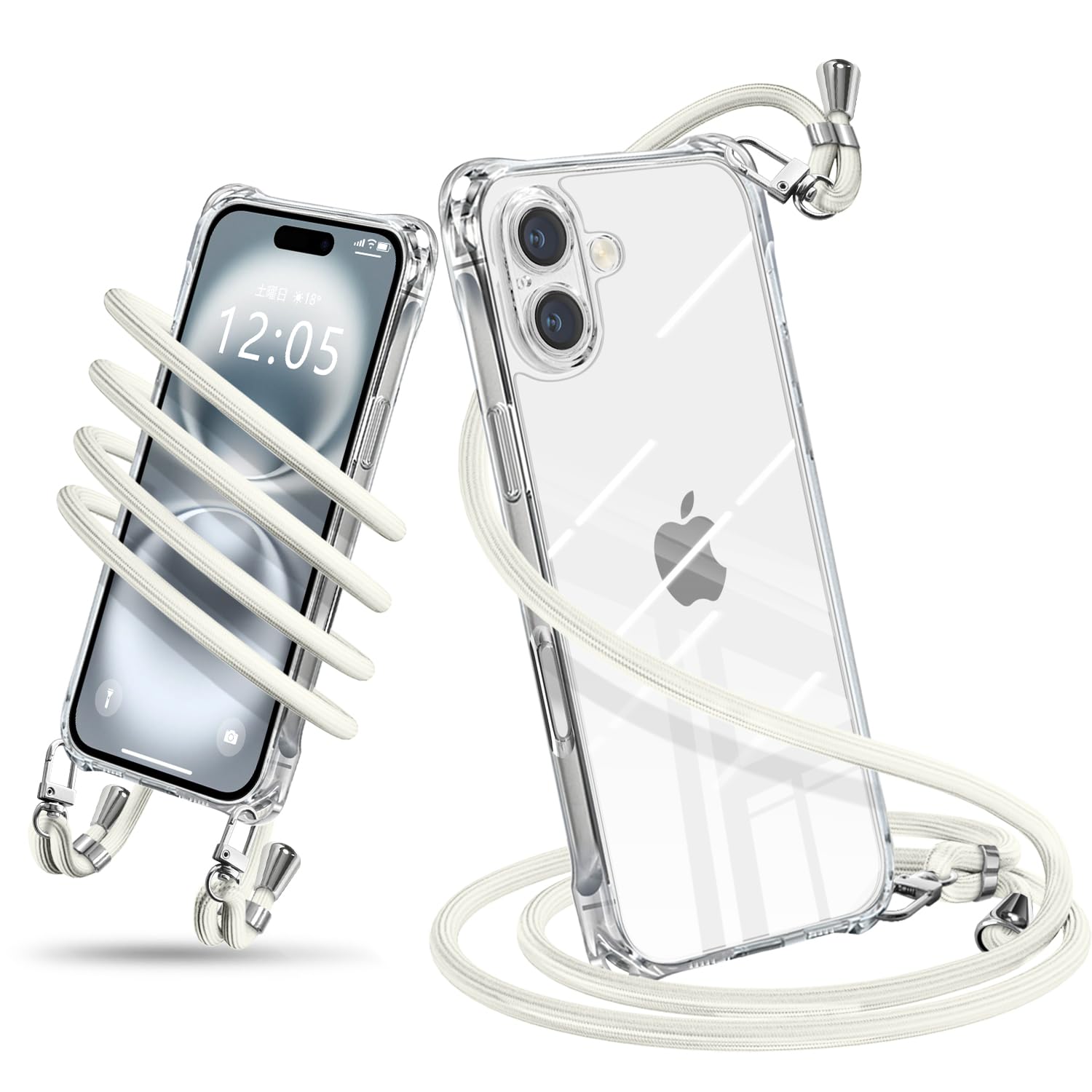iPhone 16 ケース ショルダー クリア iPhone16 スマホケース アイフォン16 カバー 肩掛け 斜めかけ 縄掛けケース 耐衝撃 透明 TPU 薄型 軽量 携帯ケース 紐付き 斜めがけ 織りストラップ付き ネックストラップ 長さ調整可能 取り外し可能 落下防止 紛失防止 ワイヤレス充電対応 (クリア)