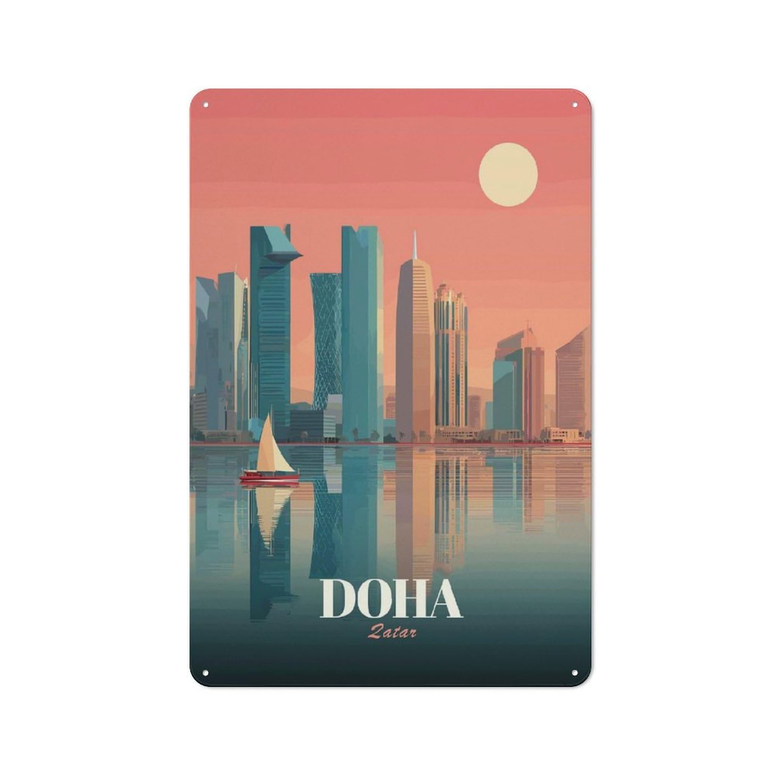 Junmoney Style-22 Doha Qatar Skyline Illustration Creative Metal Wall Decor 30X20cm, Decorative Metal Sign For Office, Study, Studio Or Hallway
