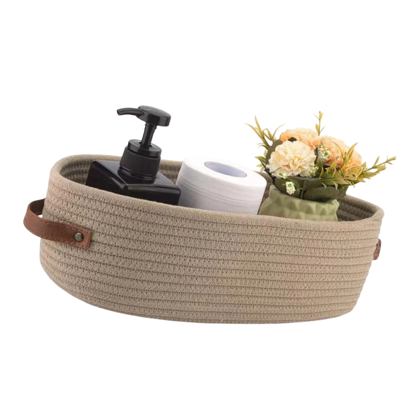 Jazuaiao Stylish Oval Shape Handwoven Cotton Rope Basket with Soft Leather Handles for Clothes Toy Storage Leather Handle Cotton Rope Storage Basket