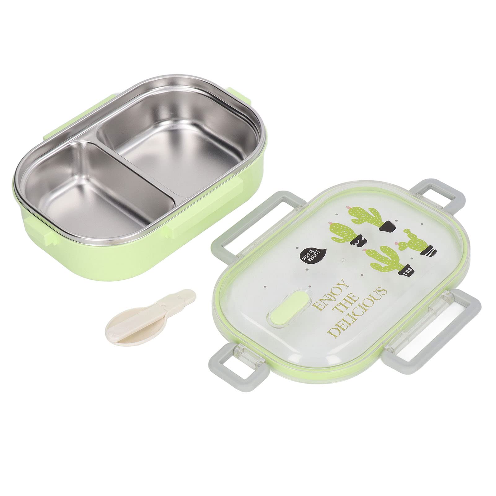 TOPINCN 304 Stainless Steel Lunch Box Compartment Liner Thermal Insulation Lunch Box Illustration Style Proof Container for Student Children Transparent Green Cactus - Image 3