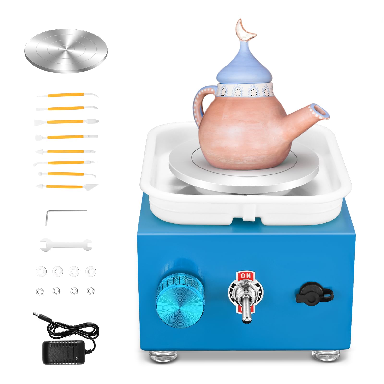 Mini Rueda de Cerámica, 2000RPM Máquina Eléctrica de Cerámica con Lavabo Extraíble de ABS y Placas de 10/6,5 cm y para cerámica de Arcilla, Kit Ceramica para Niños, Adultos Y Principiantes