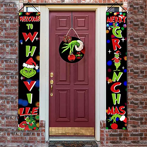 Placa de porta de Natal Decoração Grinch - Decoração de parede Merry Grinchmas - Guirlanda de cabide