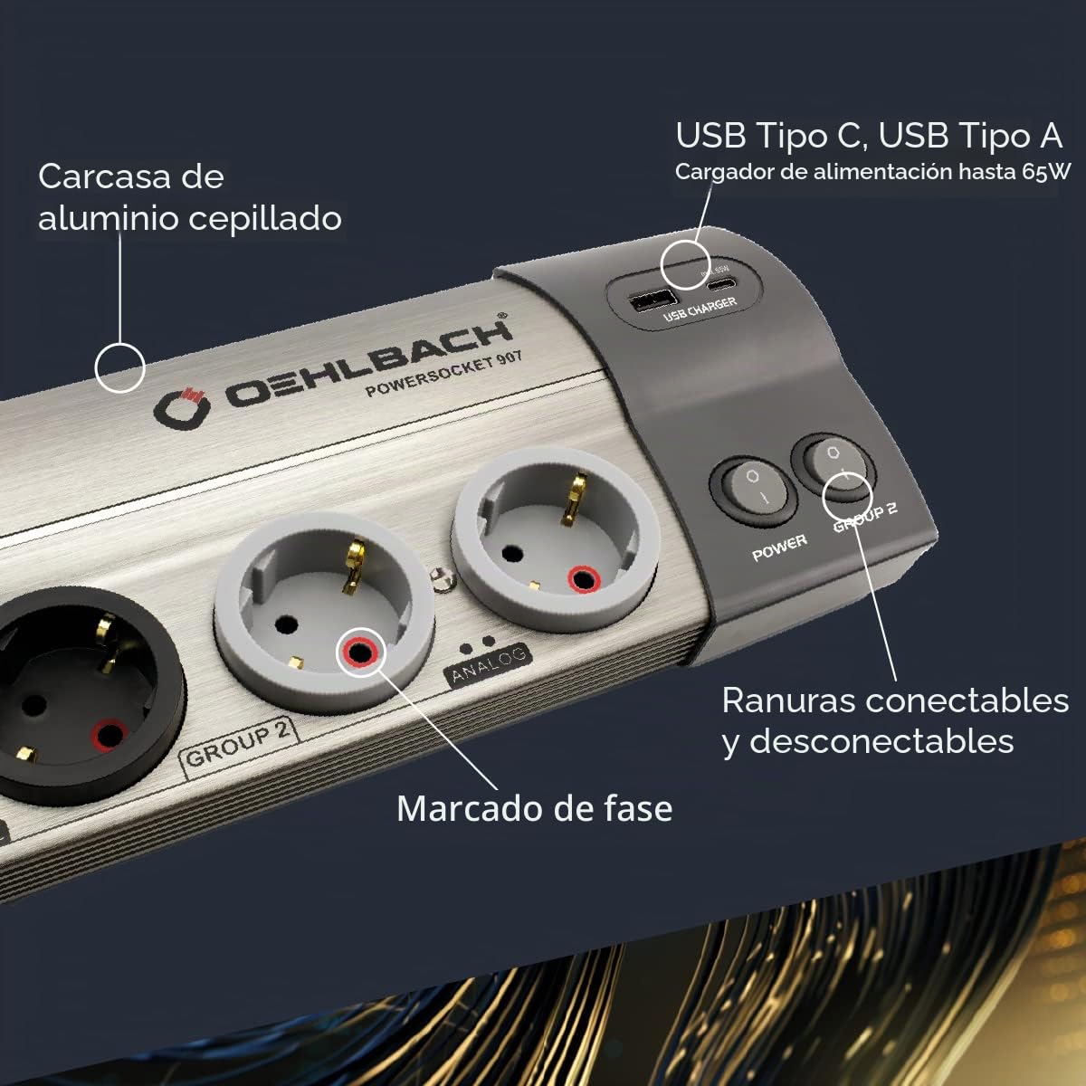 OEHLBACH Powersocket 907 MKII - Regleta de alimentación HiFi filtrado y protección contra sobretensiones (2 Ranuras USB, Cargador USB-C de 65 W y Conector USB-A) - Aluminio