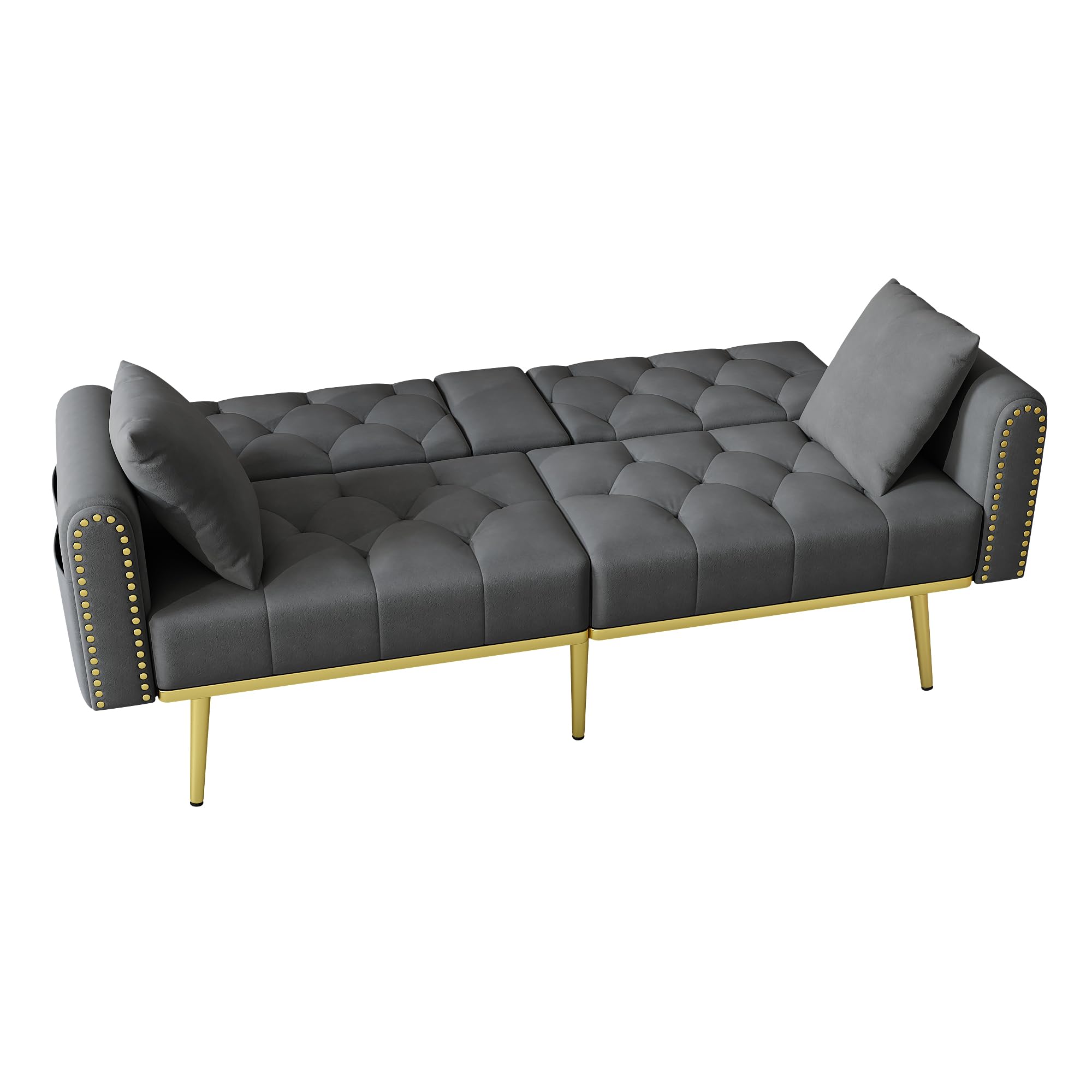 Schlafsofa 2 Sitzer mit Schlaffunktion, Schlafcouch 2-in-1 verstellbare, DREI verstellbare Neigungswinkel und Getränkehalter, Geeignet für Wohnzimmer, Gästezimmer aus Samt, Grau