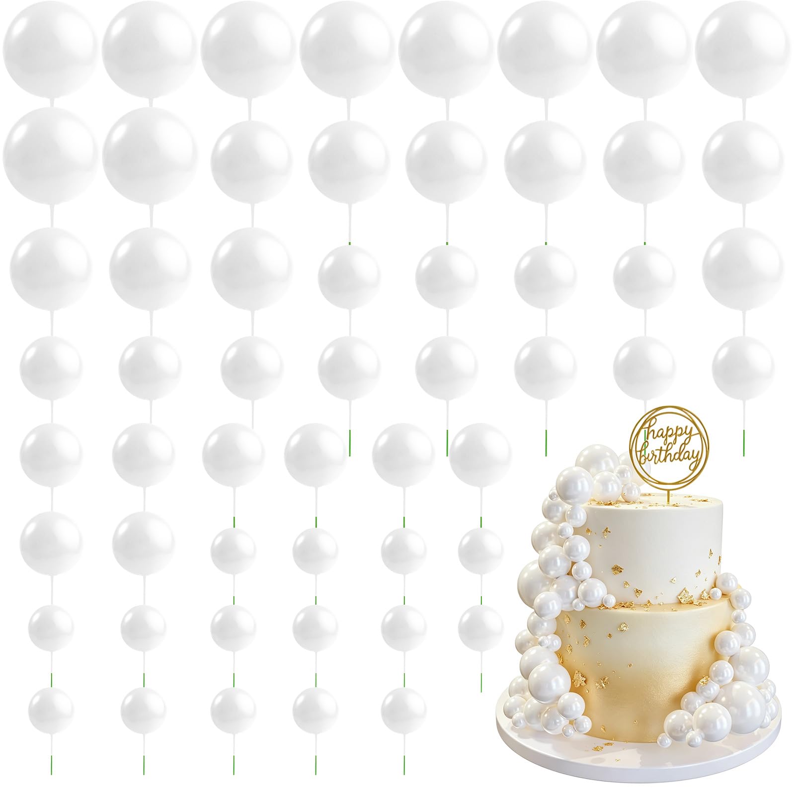 CHRORINE 55 Pcs Balls Cake Topper Decorations Mini Balloon Cupcake Toppers Foam Balls for Cake Decorating Birthday Parties Weddings Anniversary Baby Shower (White)