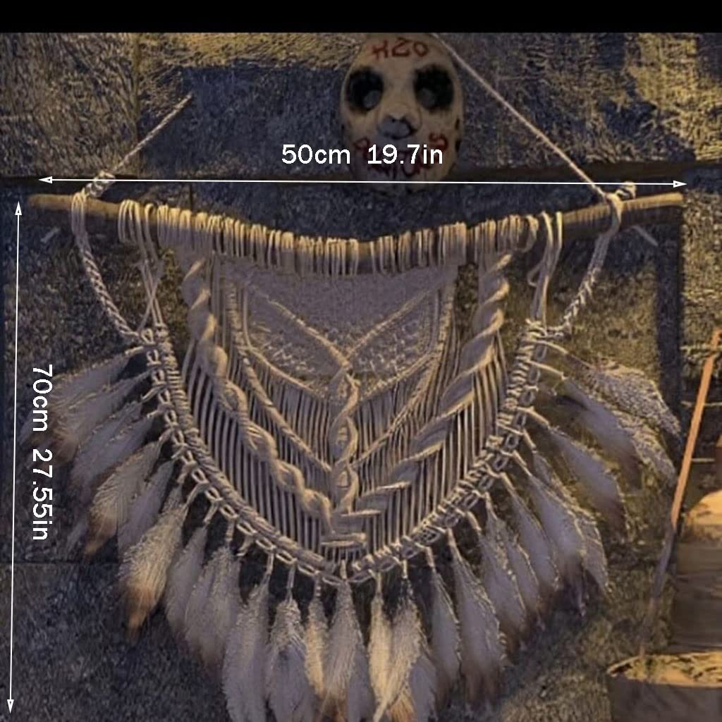 Tapices Macramé Hilo de algodón de Plumas Tejido a Mano montado en la Pared y Tapiz de Poste de Madera Natural, decoración artística del Dormitorio, Pared de la Sala de Estar