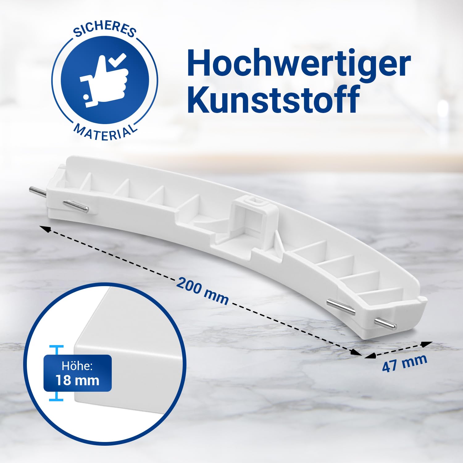 Zamiennik klamki do drzwi z tworzywa sztucznego do Bosch Siemens 00266751 266751 266751, iluminator 200 x 47 x 18 mm, biały, z wałkami do pralki