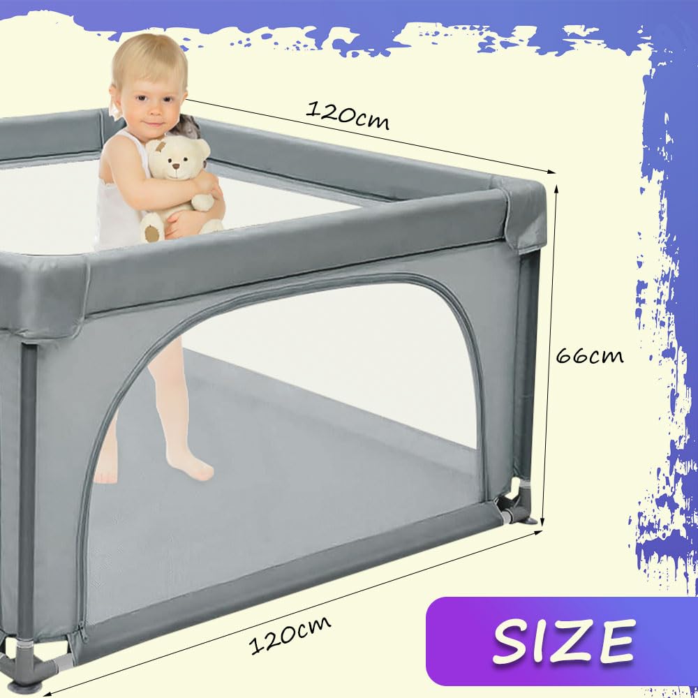 Playpen Plegable para Bebés y Niños - Gran Patio de Juego con Puerta, Portátil para Interior y Exterior - 120*120*66 cm - Gris Oscuro