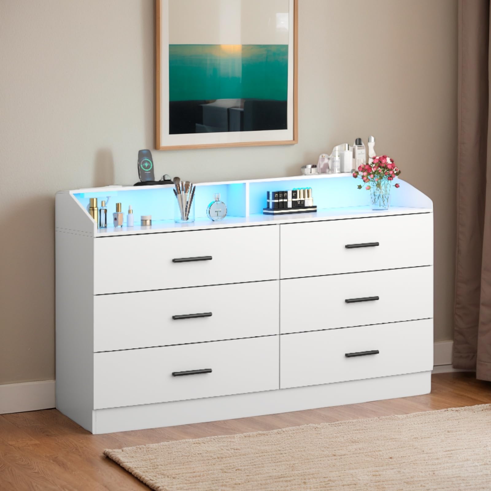 White Dresser for Bedroom, 6 Drawer Dresser with Charging Station, Chests of Drawers with LED Lights, Modern Double Dresser, Storage Cabinet with