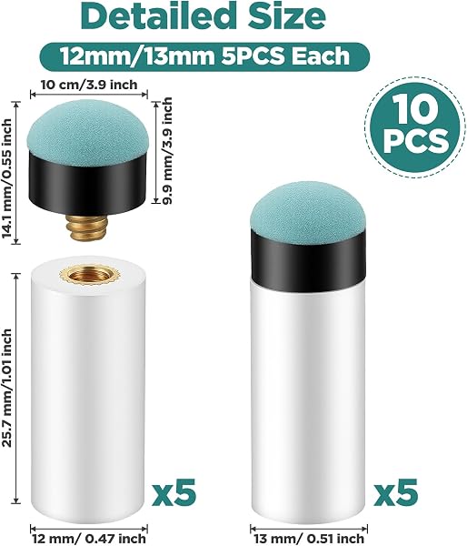 Lot de 10 embouts de rechange pour queue de billard - 12 mm et 13 mm - Accessoire de queue de billard avec virole de billard pour snooker et bâtons de billard - 4