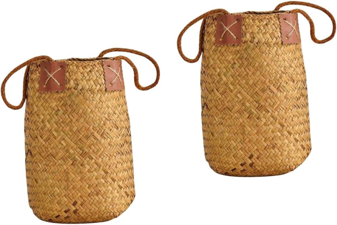 2pcs Seagrass Handmade Woven Flower Baskets Rustic Portable Bohemian Decor for Home Flower Shop