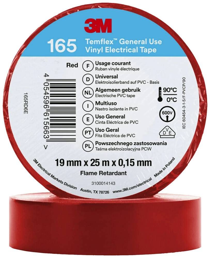 3MTemflex™ 165 165RD6E Electrical Tape Temflex™ 165 Red (L x W) 25 m x 19 mm