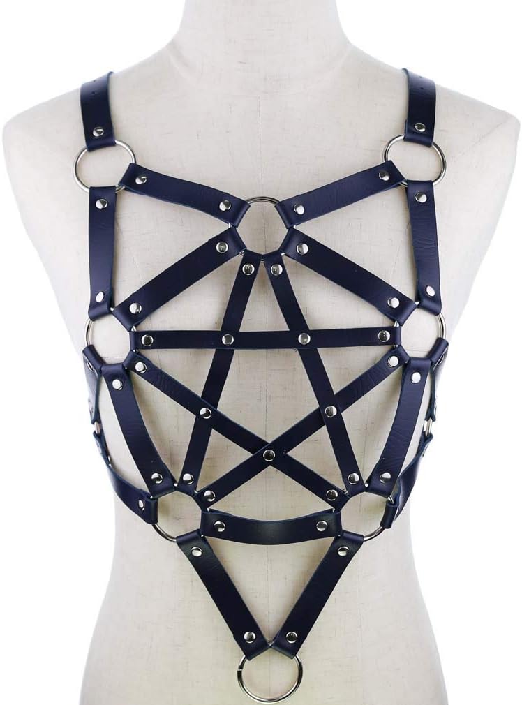 Punk Gothic Body Leather Goods Shaping Belt Chest Chain Chest Strap Suspenders Suspender Women Girls Cospaly Props (Navy Blue)