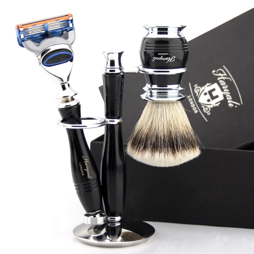 Haryali London Mens Shaving Kit 5 Edge Safety Razor With Silver Tip Badger Hair Shaving Brush and Stand Perfect Set For Men