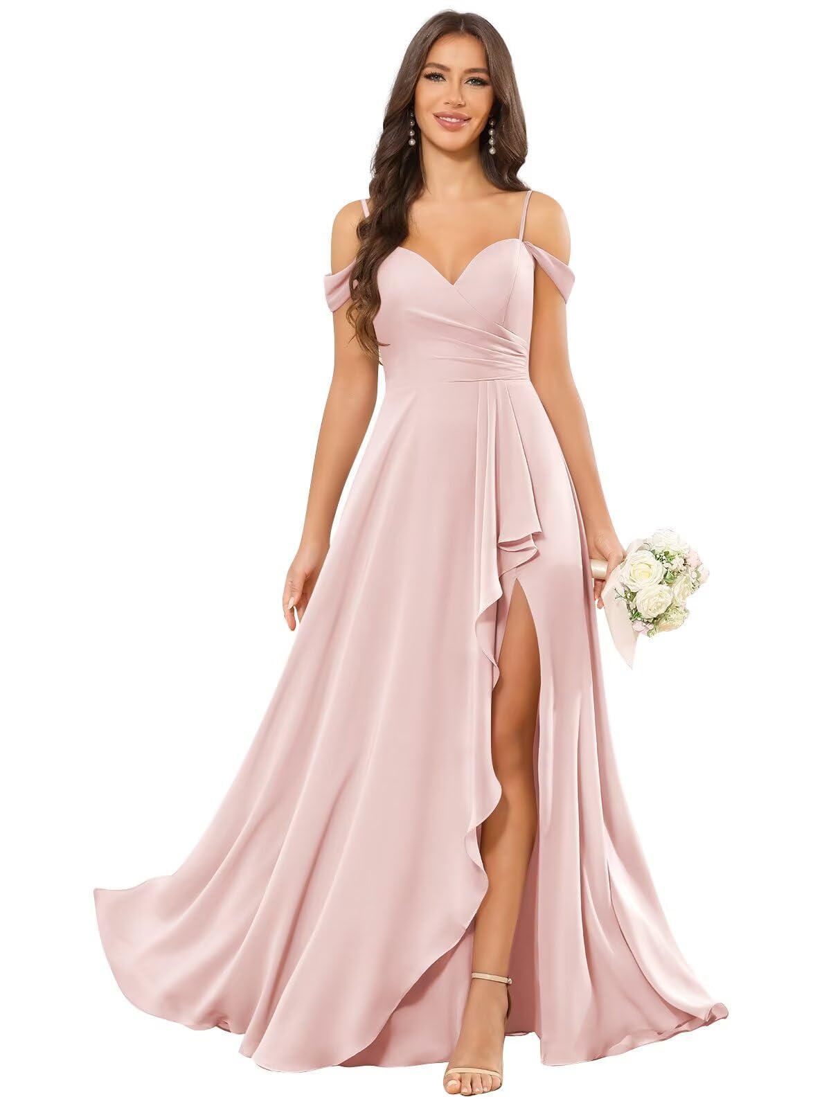 Damen Off The Shoulder Brautjungfernkleider Lang - Spaghettiträgern V-Ausschnitt Abendkleider Hochzeitsgäste Maxi Festkleid Für Hochzeit