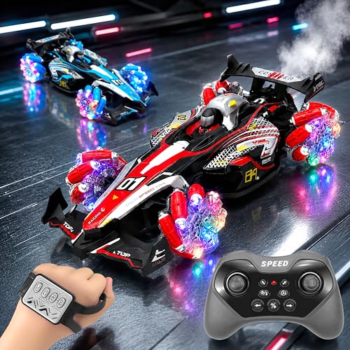 Image of VGRASSP 4WD Dual Control R1 Drift Stunt Mist Car Toy for Kids with Lights, Music - Rechargeable 360 Rotating RC Smoke Car with 2.4GHz Remote Control and Gesture Wrist Controller - Multicolor