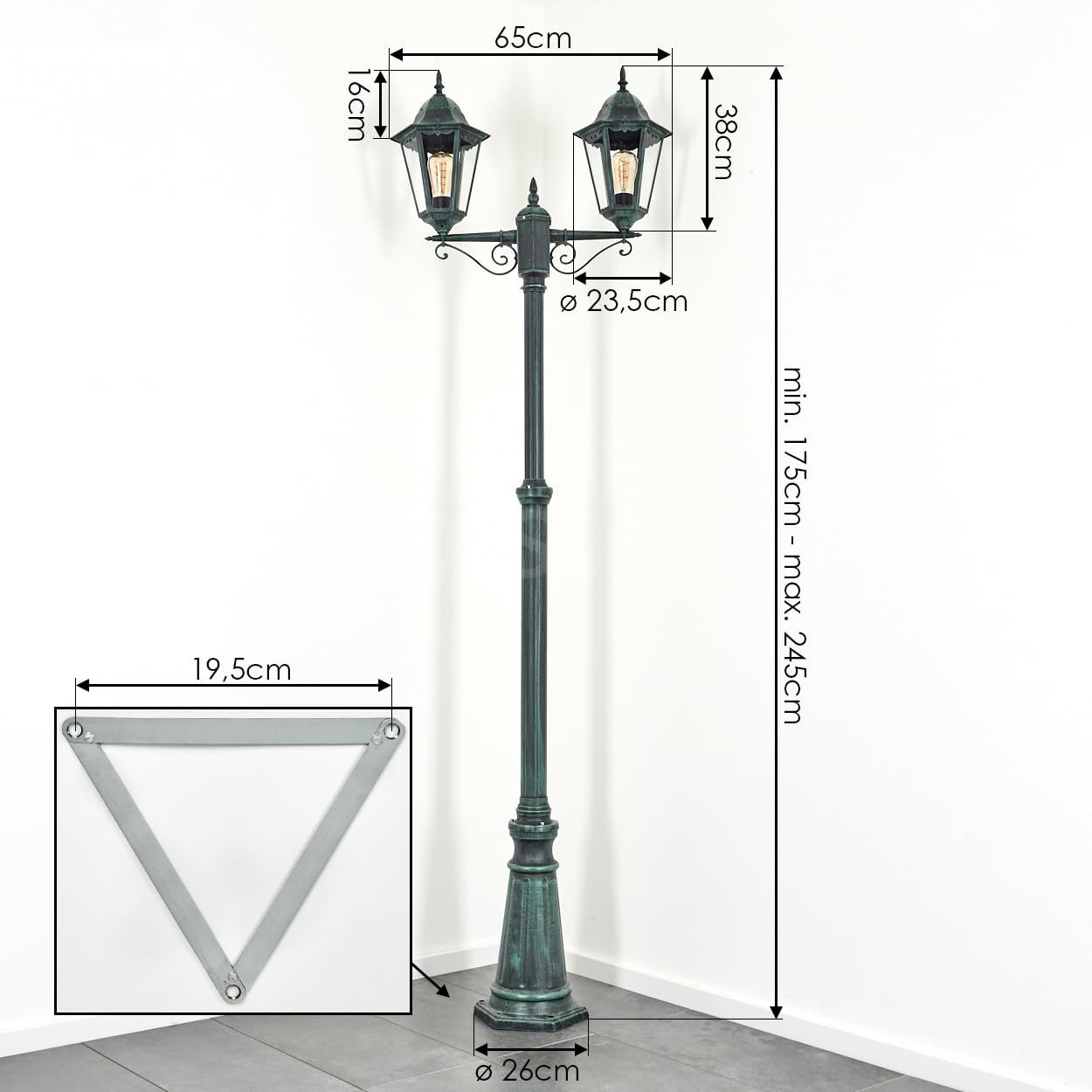 HOFSTEIN Lampa drogowa zewnętrzna Hong Kong, lampa ścieżki z metalu/szkła w kolorze czarno-zielonym/mlecznym kandelabr ze szkła antycznego, wysokość maks. 245 cm, oświetlenie ogrodowe IP44, 2 x E27,