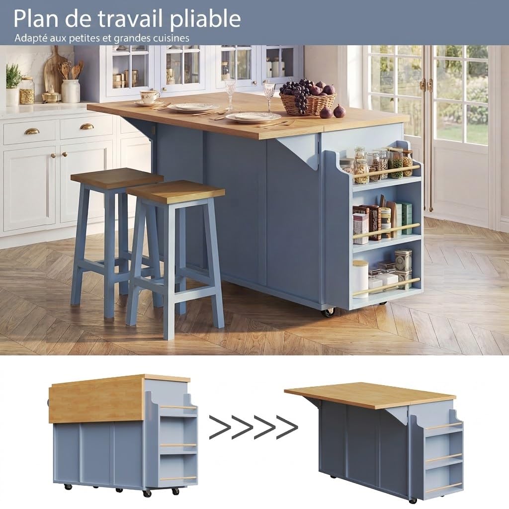 Îlot Central de Cuisine avec Rangement, Meuble de Cuisine avec Plan de Travail Pliable, Desserte de Cuisine avec Porte-Bouteilles et Étagère à Snacks, pour Salle à Manger, Bleu