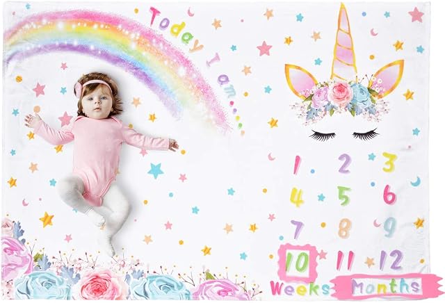 WERNNSAI Unicorn Baby Milestone Blanket - 150 x 100cm Soft Fleece Photography Background Blanket Weekly Monthly Girls Infant Quilt Newborn Blanket