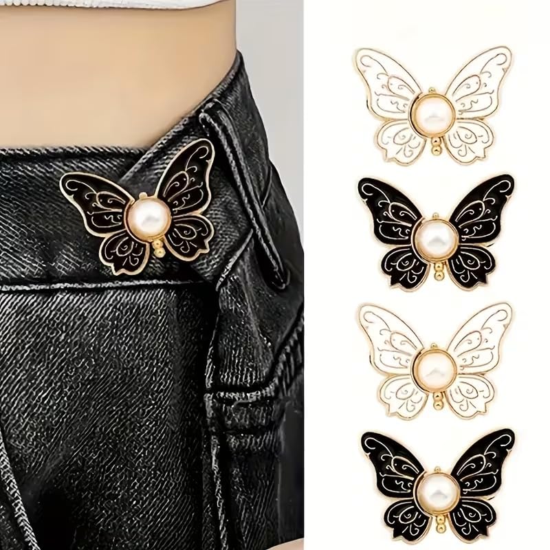 Kawn® 4pcs Butterfly Design Adjustable Waist Button Pins for Loose Jeans | No-Sew Removable Detachable Buttons for Pants & Skirts