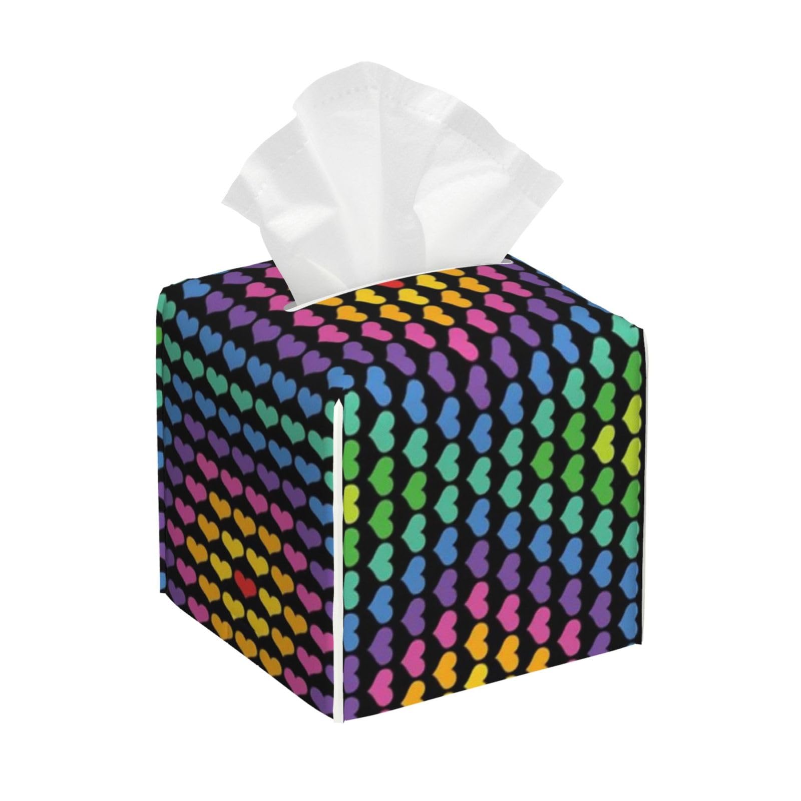 Rainbow Hearts Tissue Box Cover 5" Square Leather Tissue Holder Facial Tissue Case for Tabletop Bedroom Bathroom Desk Decor