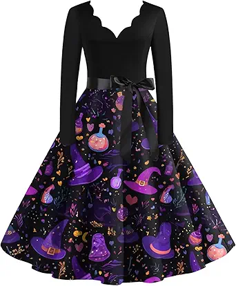 OIOLOYJM Sexy Plus Size Halloween Costumes Woman 2025 Long Sleeve V Neck Printed Gothic Retro Formal Party Dresses for Women