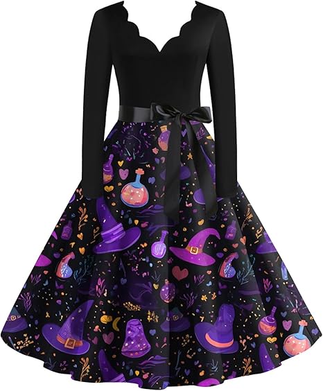 OIOLOYJM Sexy Plus Size Halloween Costumes Woman 2025 Long Sleeve V Neck Printed Gothic Retro Formal Party Dresses for Women
