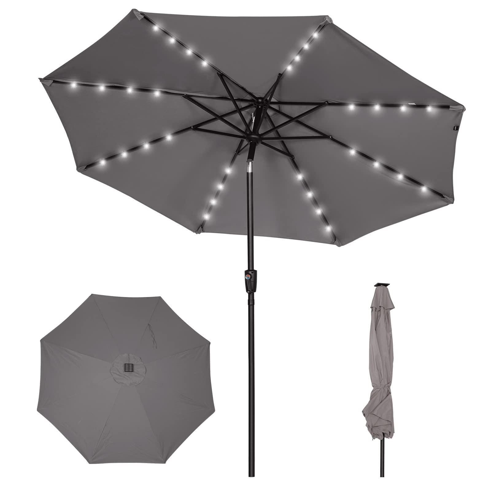 ZERSUN 9 FT Outdoor Patio Umbrellas with 32 Solar Lights 8 Ribs/Tilt Adjustment and Crank Lift System - LED Table Umbrella Outdoor Patio for Garden, Deck, Backyard, Pool and Beach - Grey