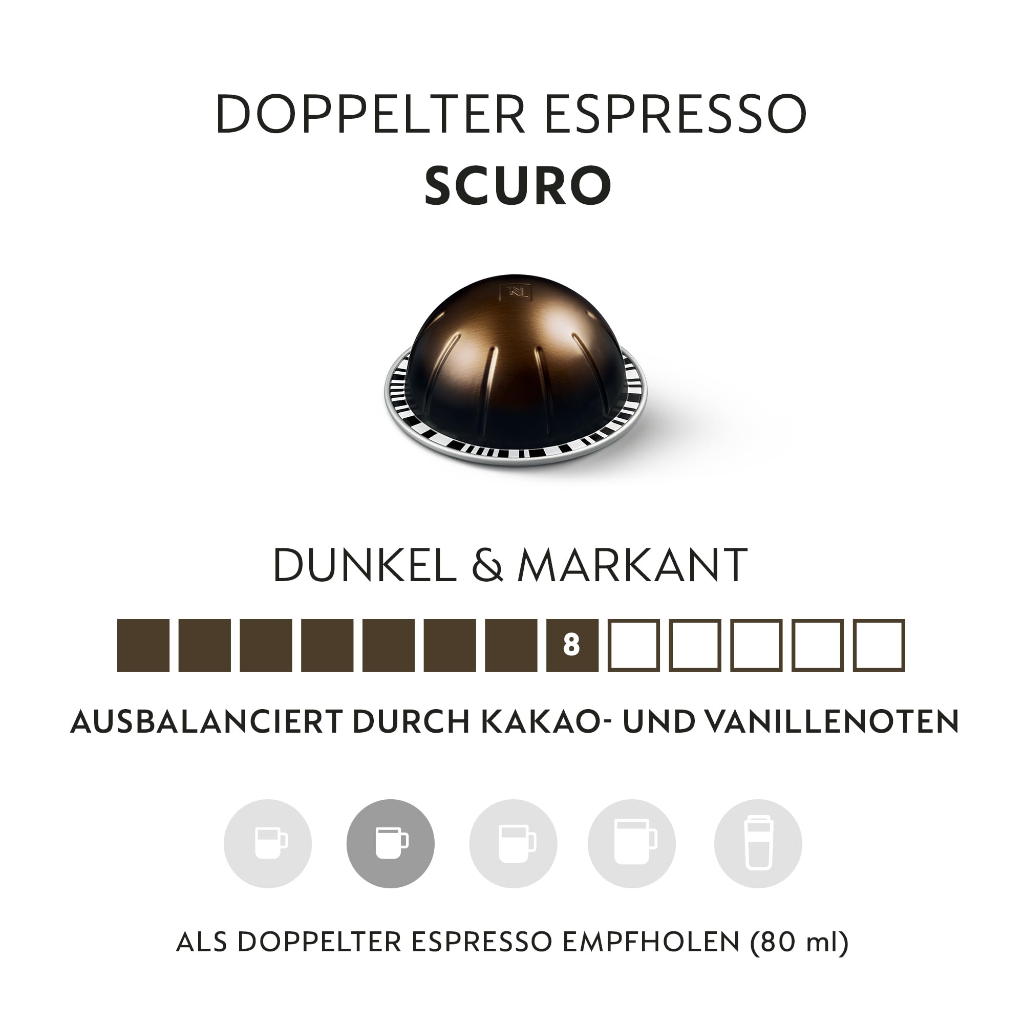 NESPRESSO VERTUO Double Espresso Scuro 100 Kaffeekapseln | Arabica & Robusta Kaffee, Dunkle Röstung, Intensität 11, Ideal für kräftigen doppelten Espresso