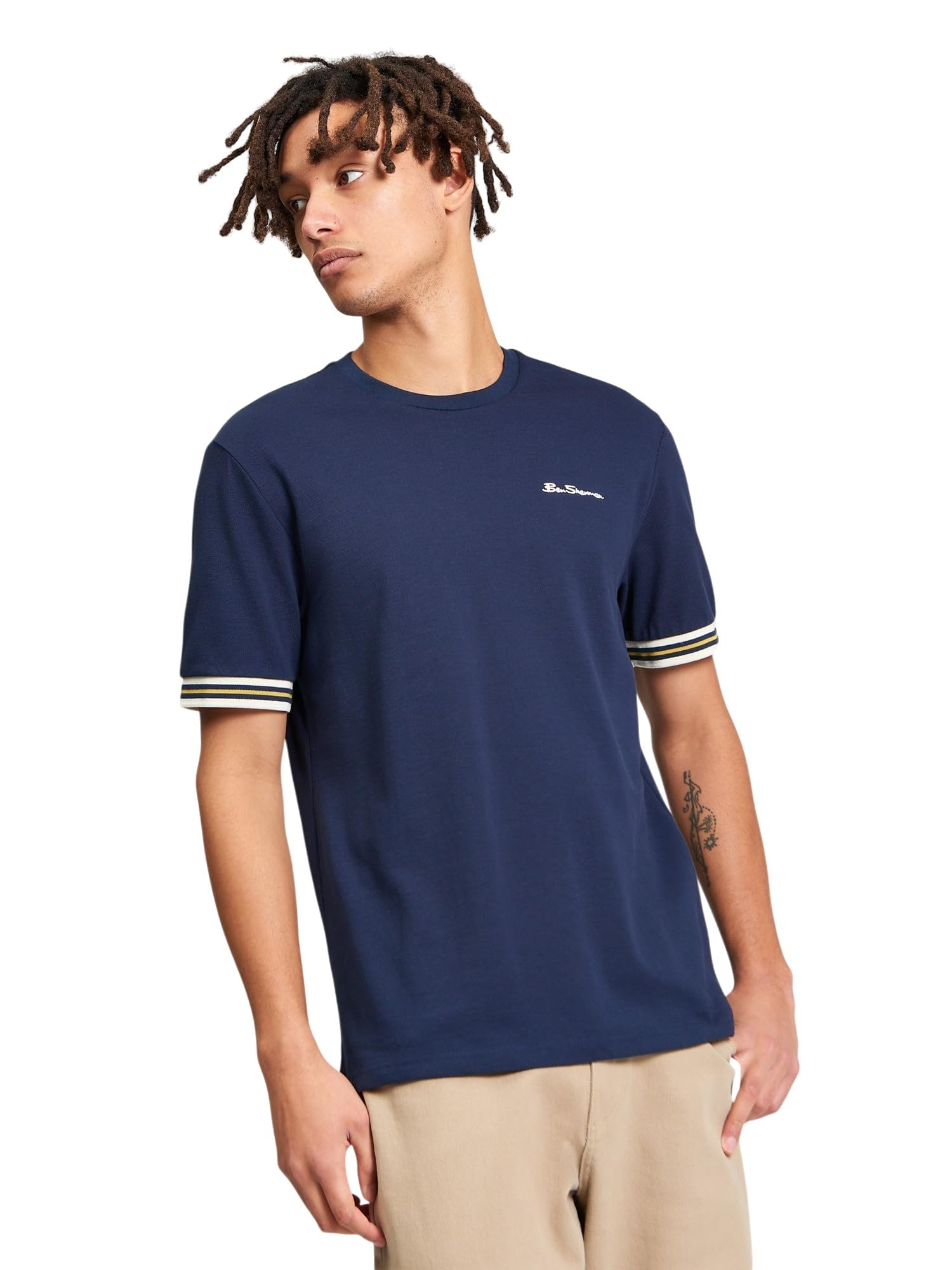Ben Sherman Mens Pique Tipped Short Sleeve T-Shirt - Dark Navy - M