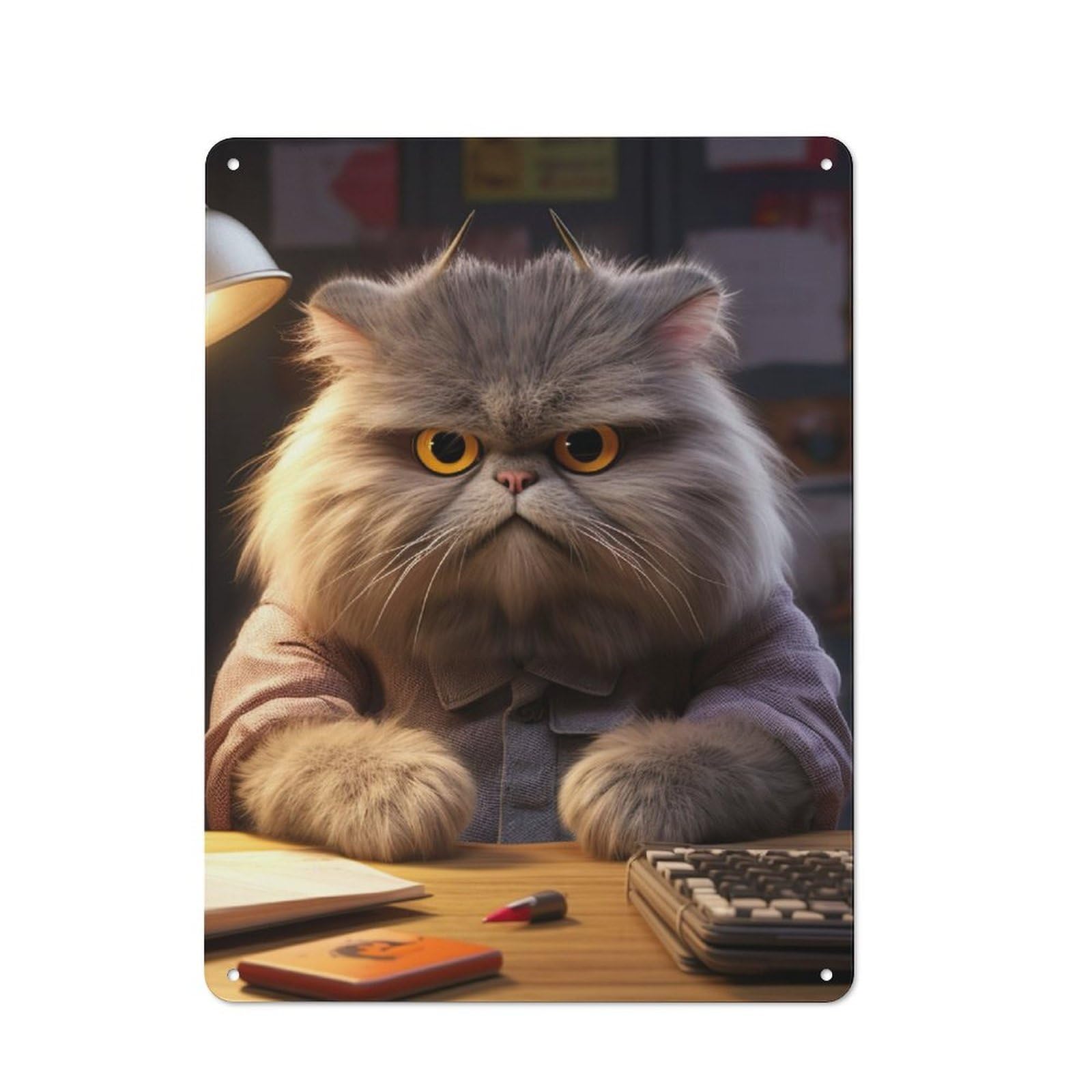 Junmoney Angry Fluffy Cat Studying Metal Wall Plaque, Easy To Hang Plaque For Living Room, Hallway, Kitchen Or Pet Corner, 40X30cm