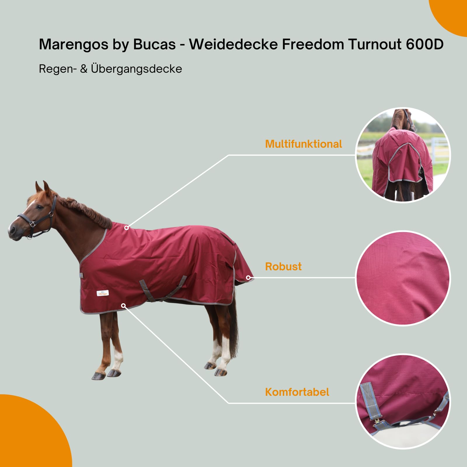Marengos by Bucas - Weidedecke Freedom Turnout 600D – Regendecke & Übergangsdecke – wasserdichte Pferdedecke mit Innenfutter & Kreuzbegurtung – Weinrot/Dunkelblau – 155cm (ohne Füllung)