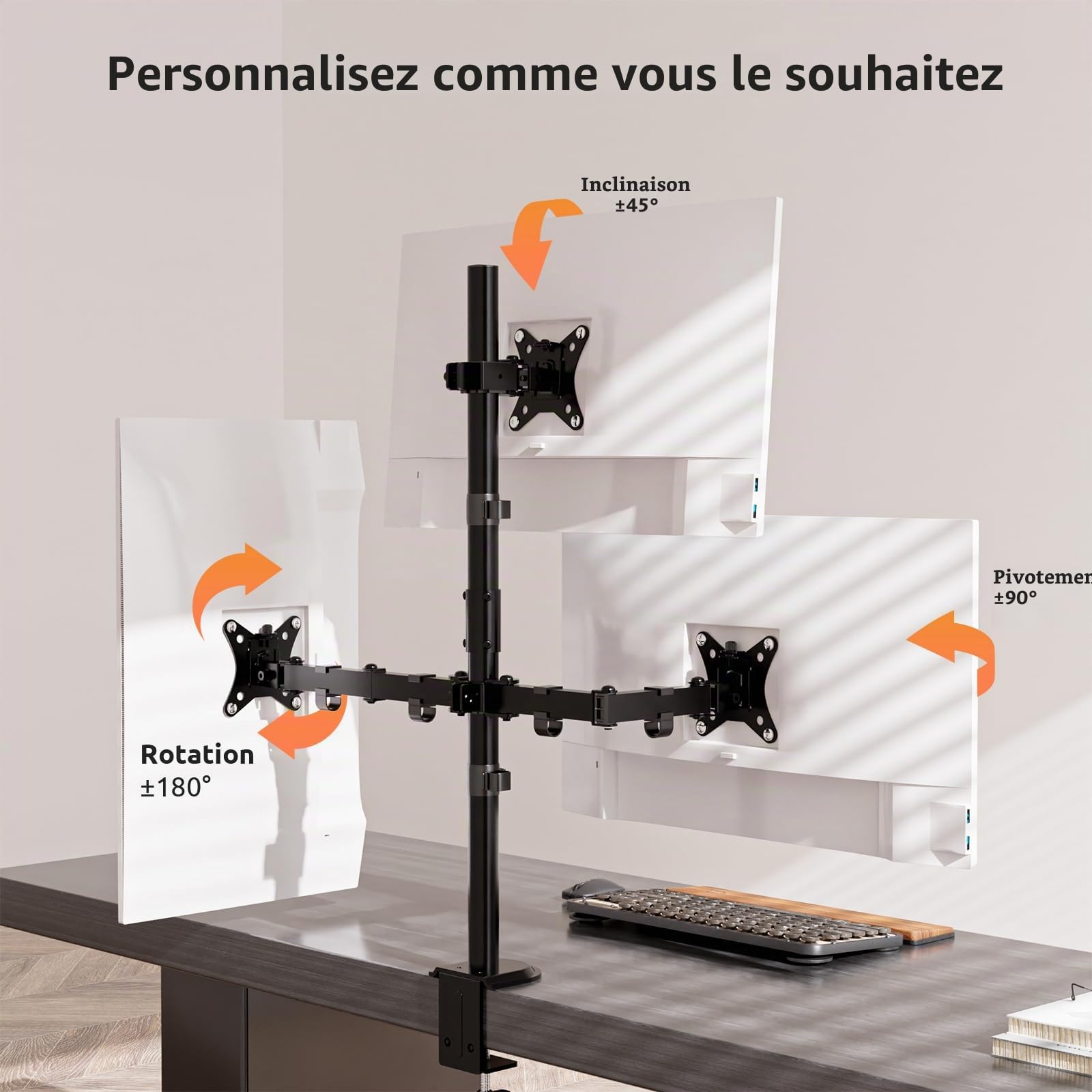 Support Écran PC 3 pour 17-35", Bras pour Écrans 80 cm de Haut, Support Écran Réglable, Capacité de Charge de 10 kg par Bras
