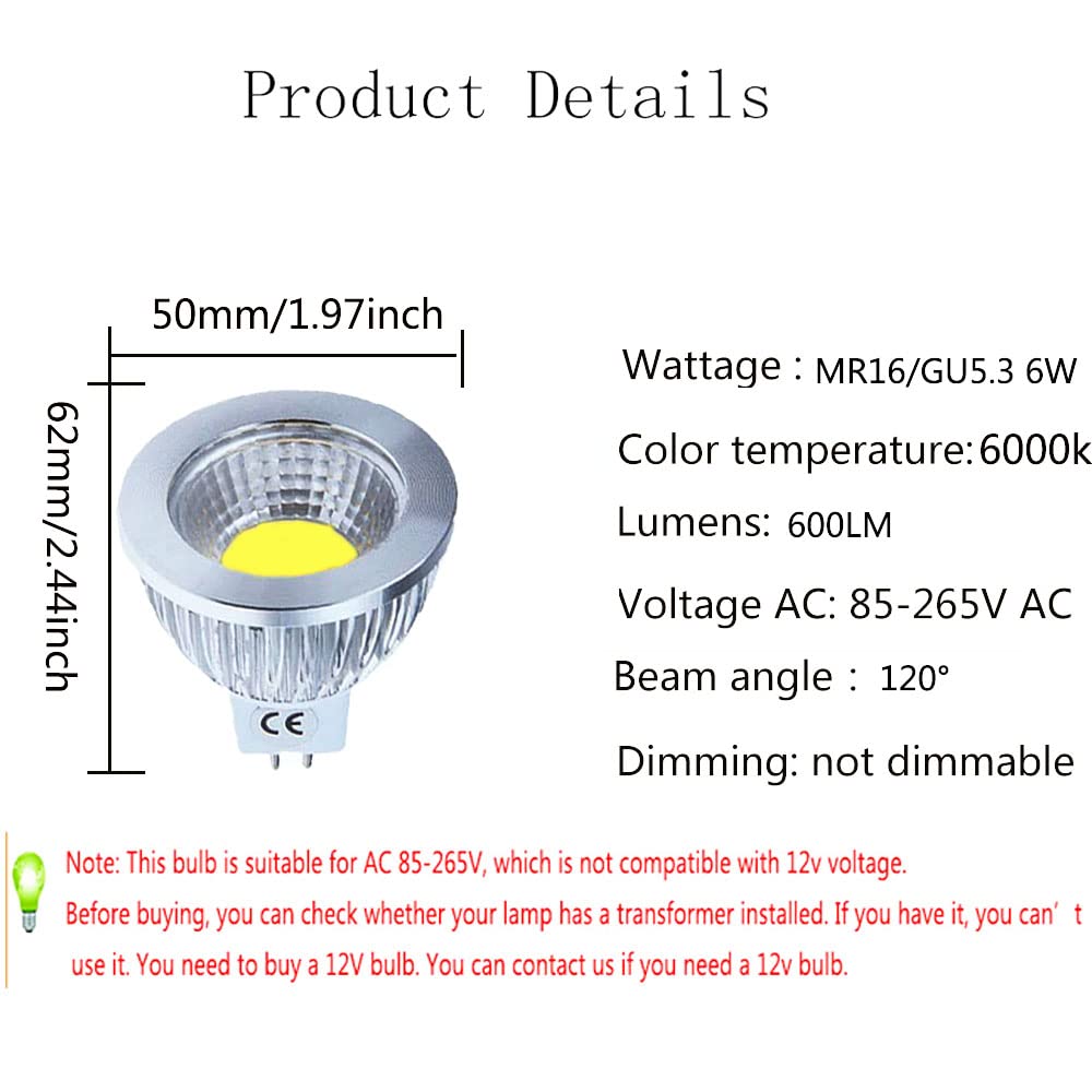 20 Pezzi Lampadina GU5.3 6W LED Faretti LED MR16 Equivalenti a 60W Lampadine Alogene Lampade Led Luce Fredda 6000K 600lm Faretto Led Non dimmerabile