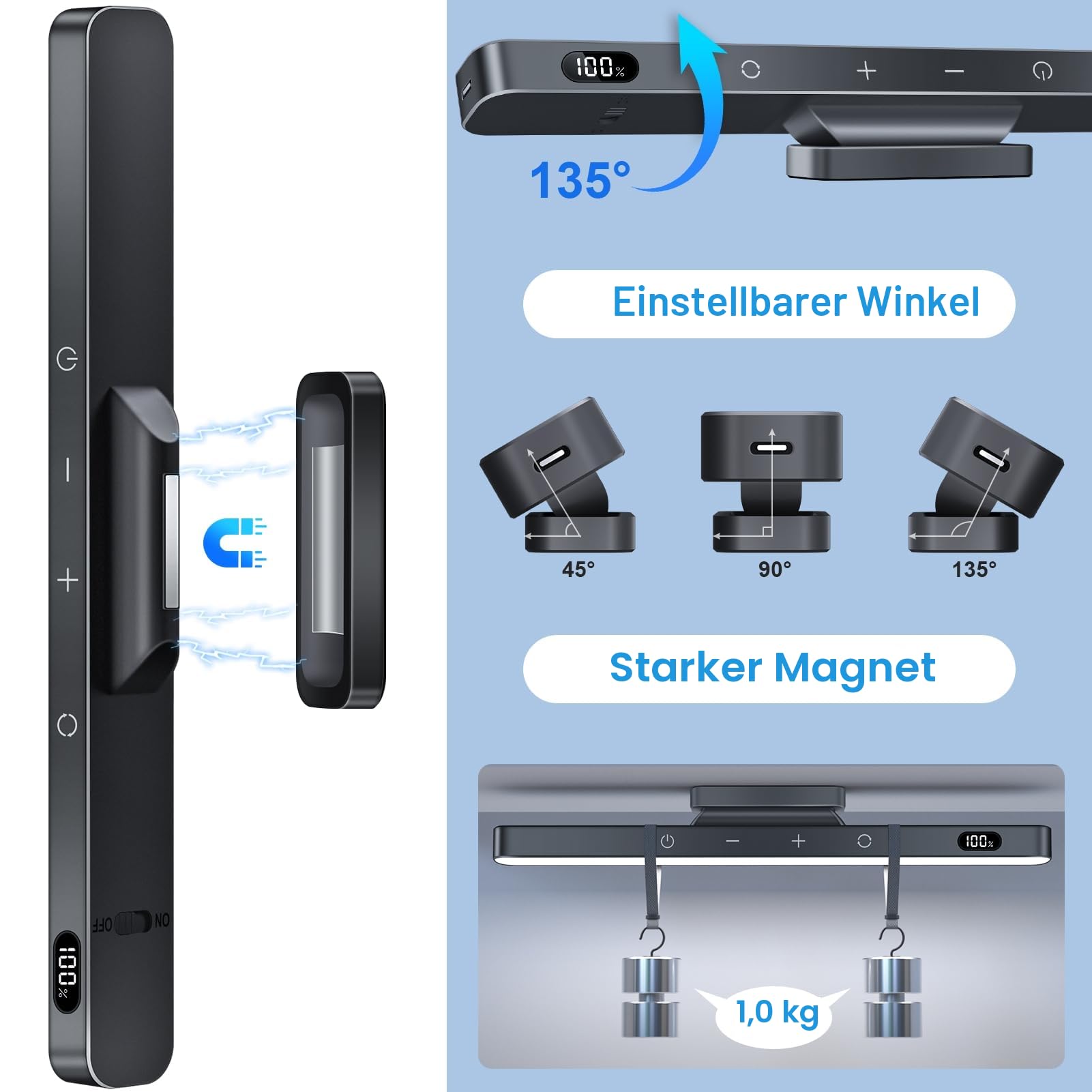 WILLED Unterbauleuchte Küche LED, 2500mAh Batterie mit Anzeige, 5W Touch Dimmbar Schrankbeleuchtung Kabellos, LED Lichtleiste mit Aufladbar, USB Küchenlicht für Spiegel, Schreibtische, Schränke