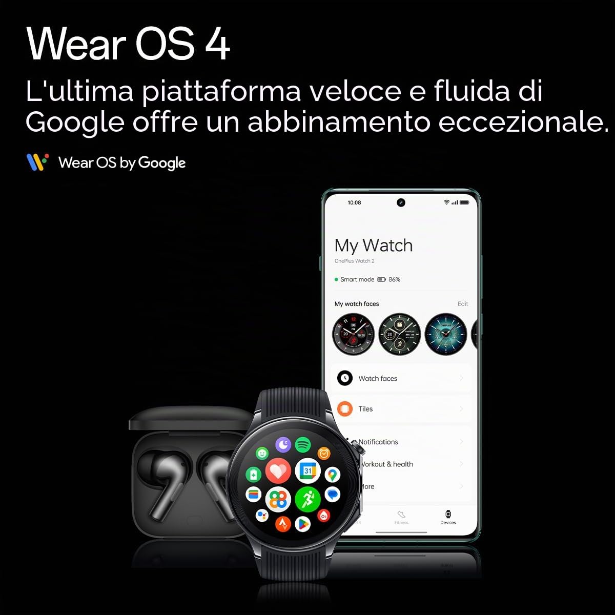 OnePlus Watch 2 con Wear OS 4, chipset Snapdragon W5, fino a 100 ore di durata della batteria, display AMOLED da 3,6 cm, acciaio inossidabile e vetro zaffiro, GPS a doppia frequenza, 5 ATM, IP68 e
